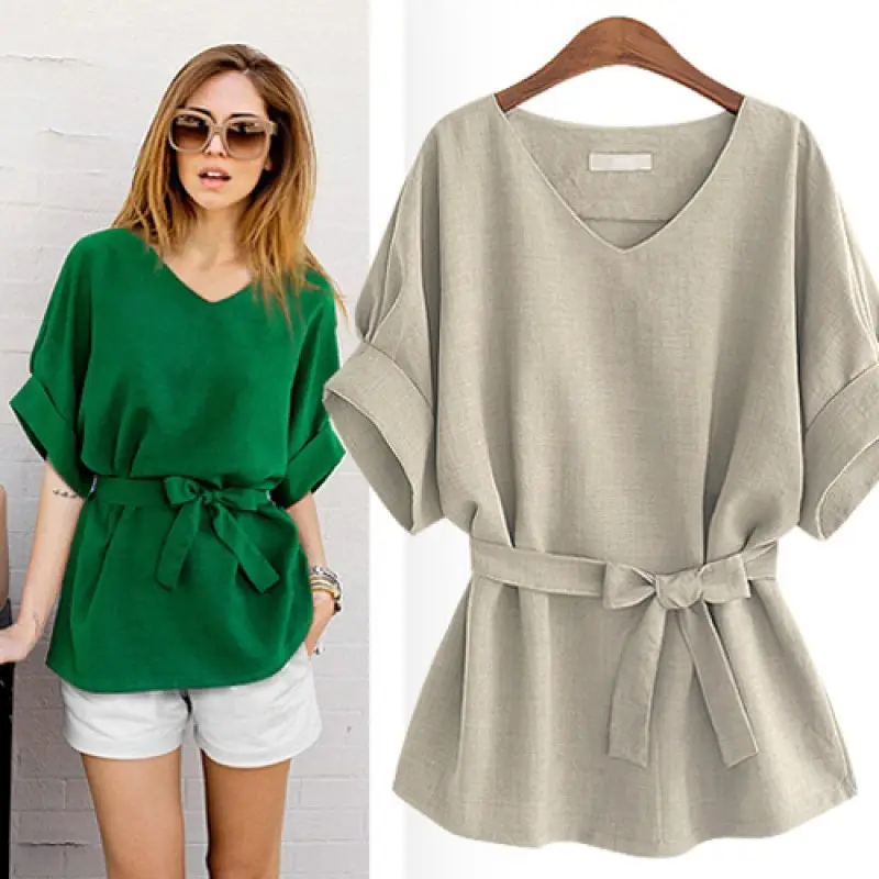 Elegant V Neck Linen Short Sleeve Shirt Large