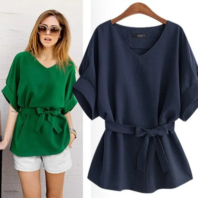Elegant V Neck Linen Short Sleeve Shirt Large