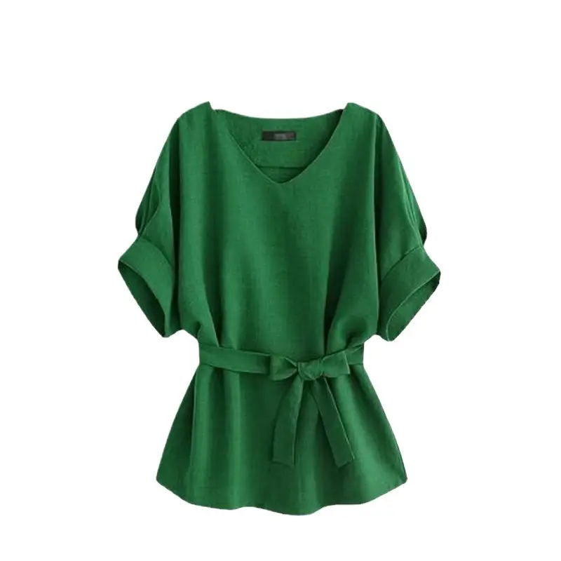 Elegant V Neck Linen Short Sleeve Shirt Large