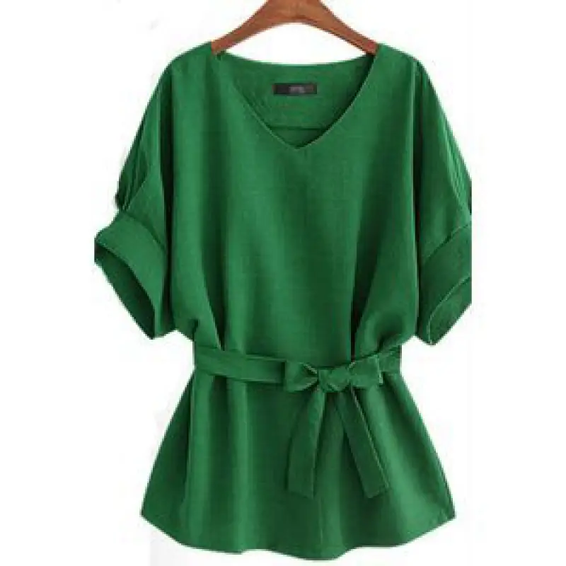 Elegant V Neck Linen Short Sleeve Shirt Large