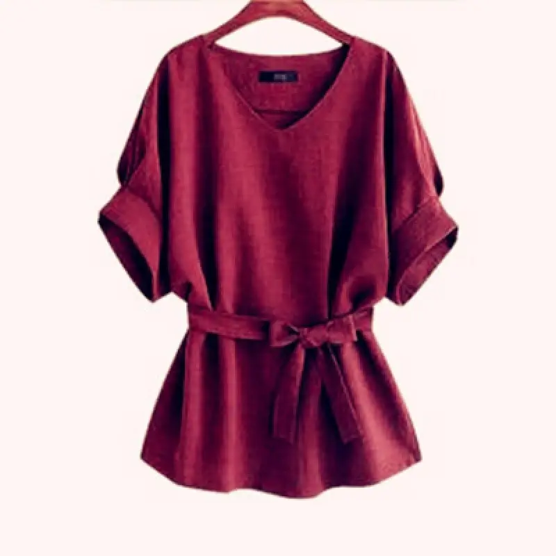 Elegant V Neck Linen Short Sleeve Shirt Large