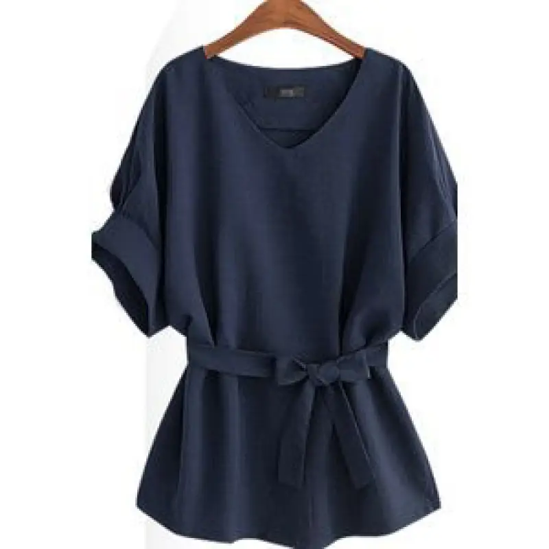 Elegant V Neck Linen Short Sleeve Shirt Large
