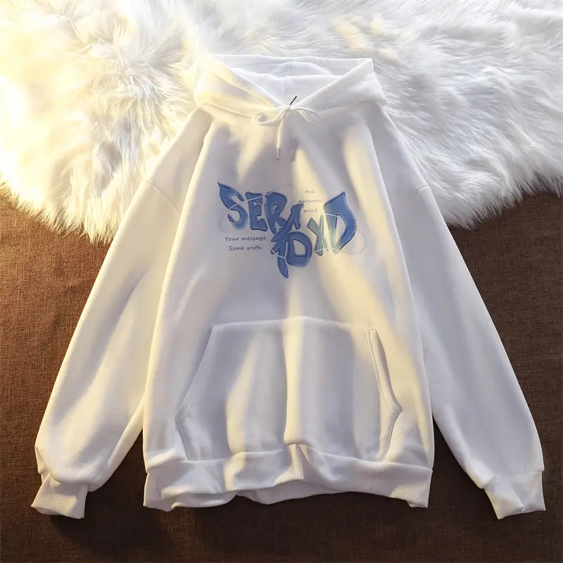 White Korean Style Fleece Hooded Sweatshirt for Women