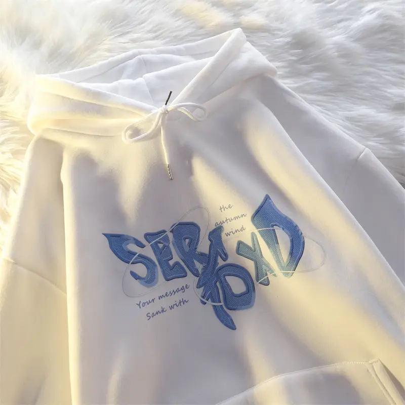 White Korean Style Fleece Hooded Sweatshirt for Women