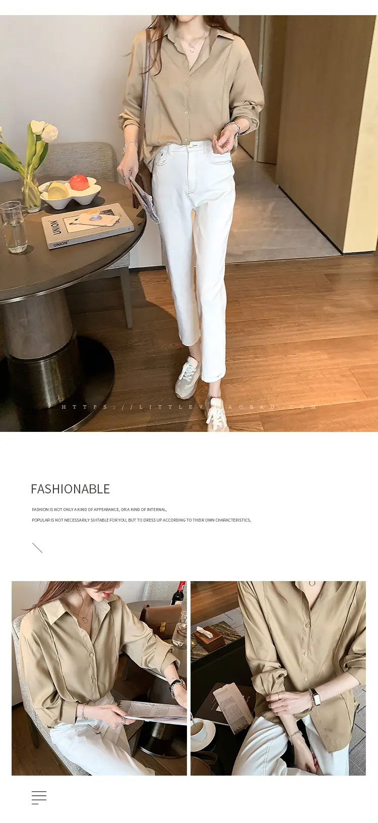 Women's Beige Button-Down Shirt with Long Sleeves — feature 23