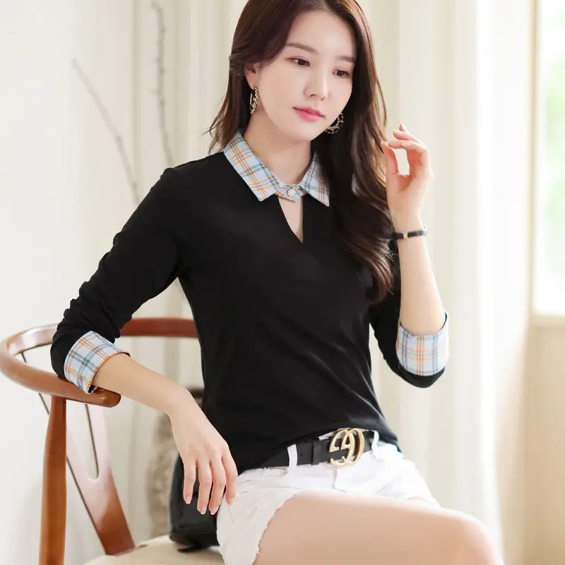 Women's Black Plaid Long Sleeve T-Shirt with Lapel - Image 4