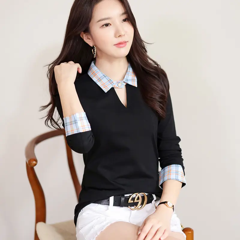 Women's Black Plaid Long Sleeve T-Shirt with Lapel - Image 5