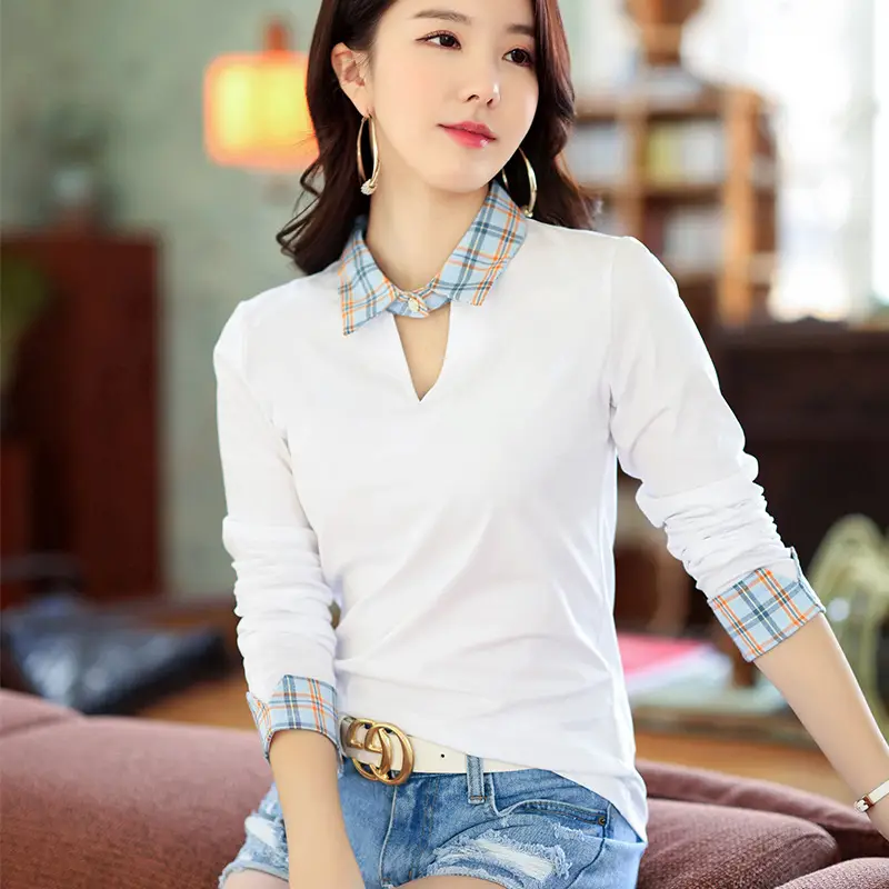 Women's Black Plaid Long Sleeve T-Shirt with Lapel - Image 6