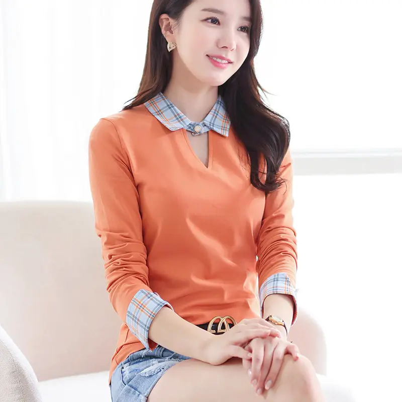 Women's Black Plaid Long Sleeve T-Shirt with Lapel - Image 7