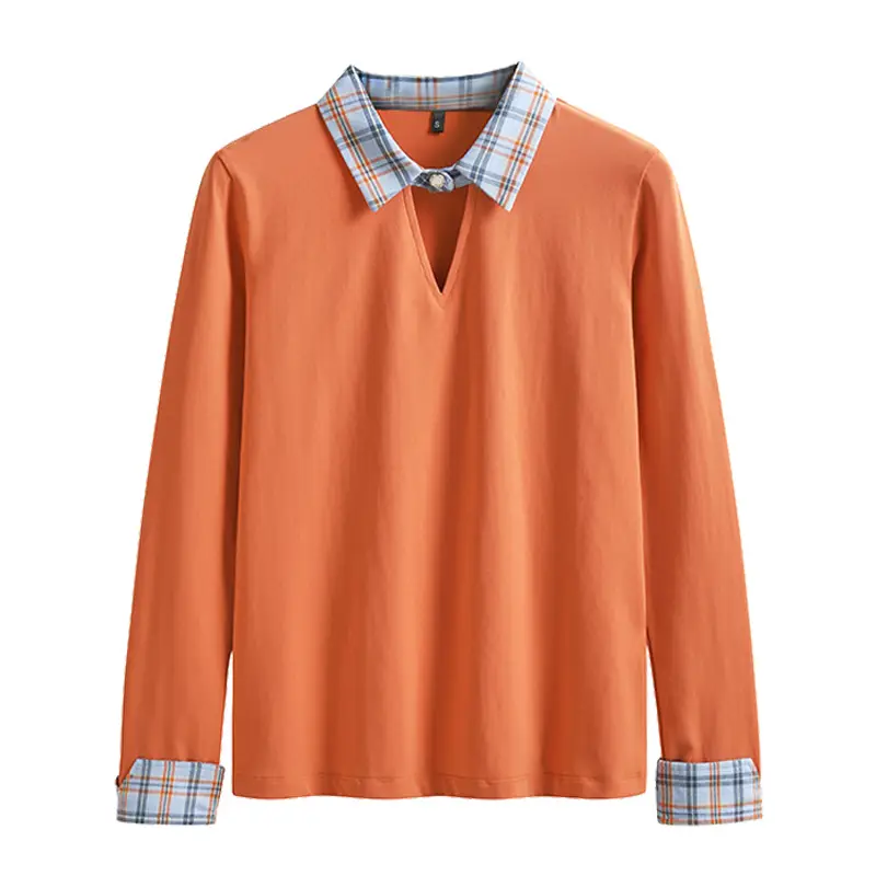 Women's Black Plaid Long Sleeve T-Shirt with Lapel - Image 8