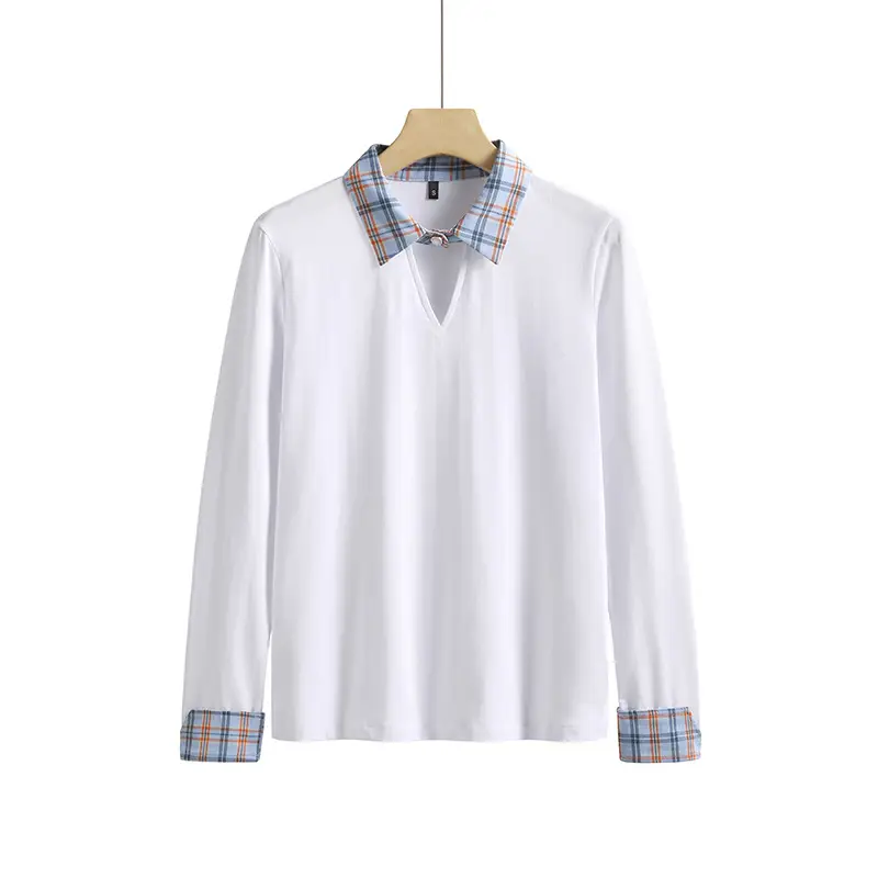 Women's Black Plaid Long Sleeve T-Shirt with Lapel - Image 2