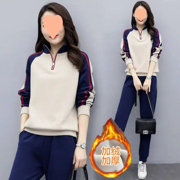 Women Velvet Padded Sports Suit Navy Blue Long Sleeve Winter - Image 4