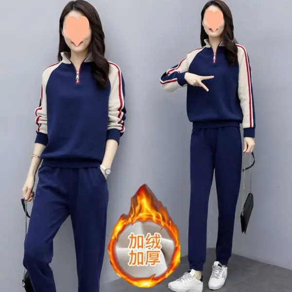 Women Velvet Padded Sports Suit Navy Blue Long Sleeve Winter - Image 5