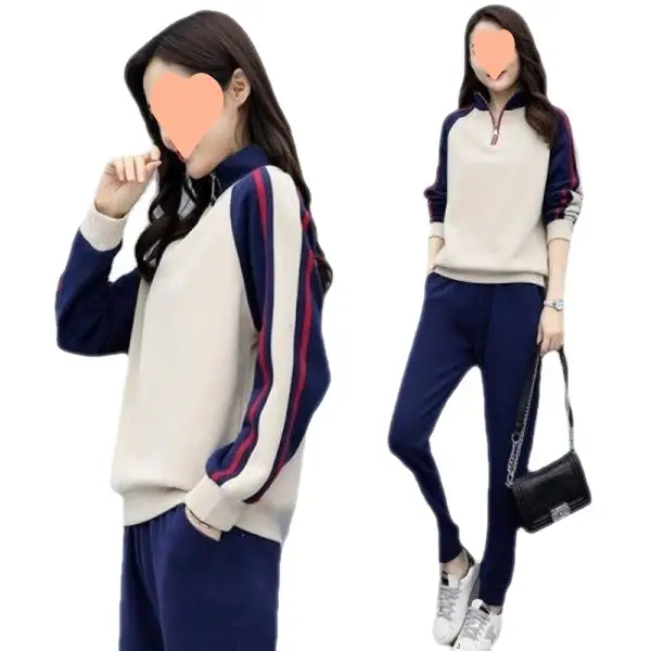 Women Velvet Padded Sports Suit Navy Blue Long Sleeve Winter - Image 7