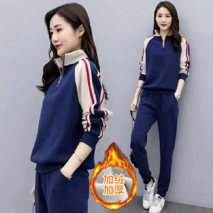 Women Velvet Padded Sports Suit Navy Blue Long Sleeve Winter - Image 2