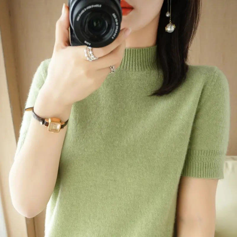 Women's Grey Knit Turtleneck Shirt Short Sleeve Loose Fit - Image 11