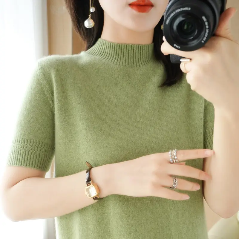 Women's Grey Knit Turtleneck Shirt Short Sleeve Loose Fit - Image 12