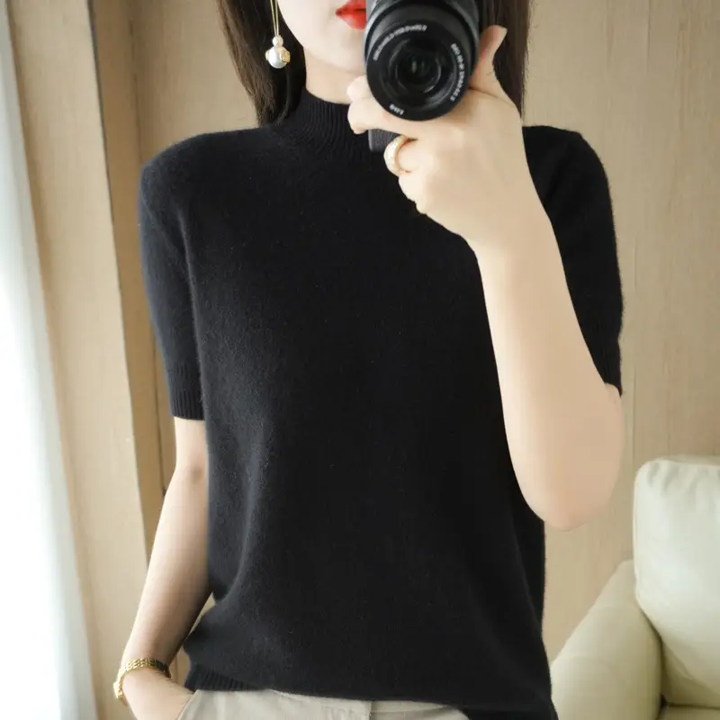 Women's Grey Knit Turtleneck Shirt Short Sleeve Loose Fit - Image 13