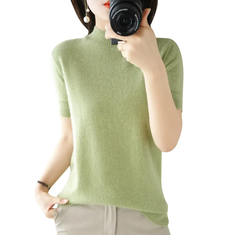 Women's Grey Knit Turtleneck Shirt Short Sleeve Loose Fit - Image 15
