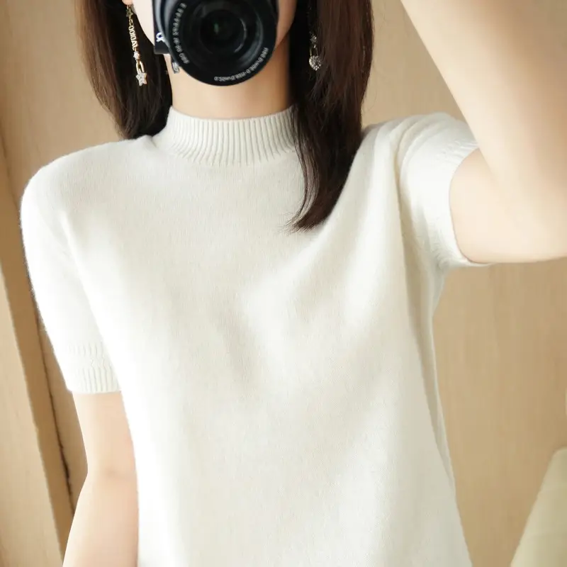 Women's Grey Knit Turtleneck Shirt Short Sleeve Loose Fit - Image 10