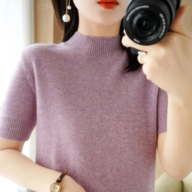 Women's Grey Knit Turtleneck Shirt Short Sleeve Loose Fit - Image 3
