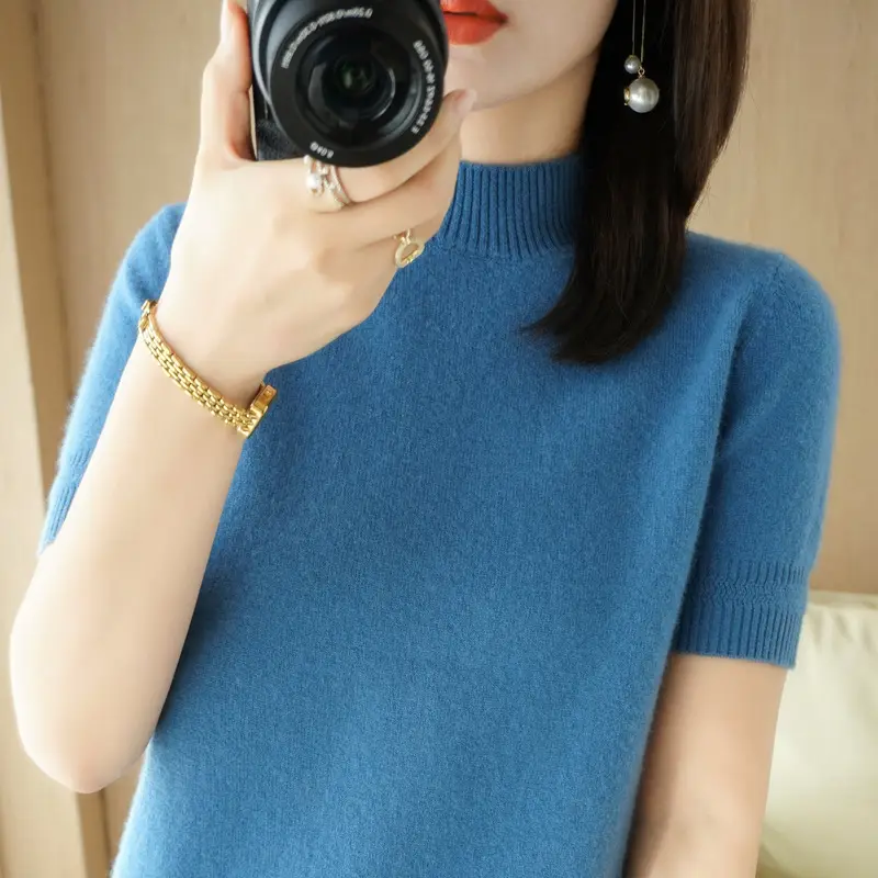 Women's Grey Knit Turtleneck Shirt Short Sleeve Loose Fit - Image 4