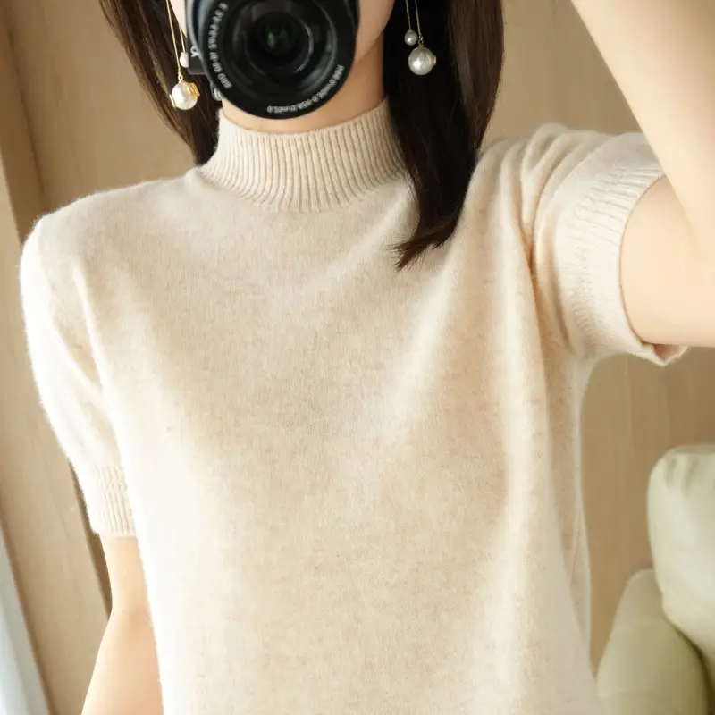 Women's Grey Knit Turtleneck Shirt Short Sleeve Loose Fit - Image 5