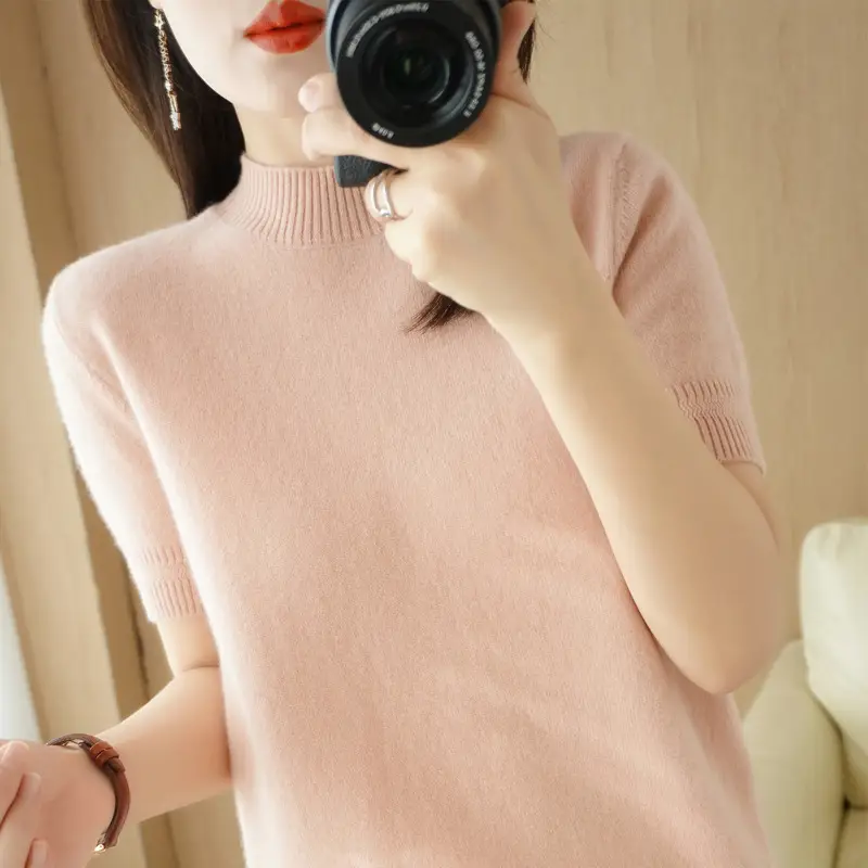 Women's Grey Knit Turtleneck Shirt Short Sleeve Loose Fit - Image 6