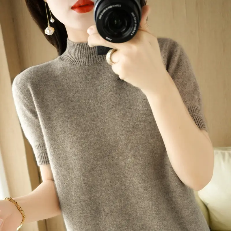 Women's Grey Knit Turtleneck Shirt Short Sleeve Loose Fit - Image 7