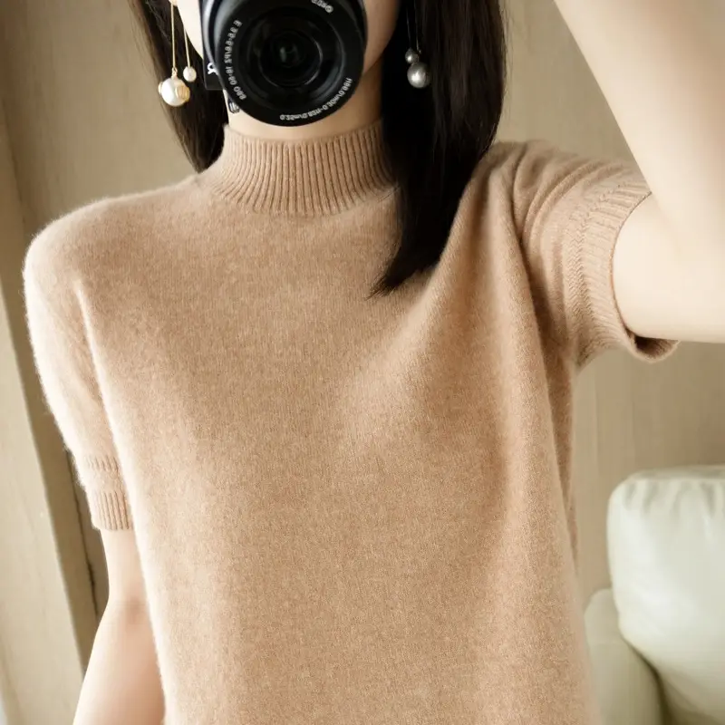 Women's Grey Knit Turtleneck Shirt Short Sleeve Loose Fit - Image 9