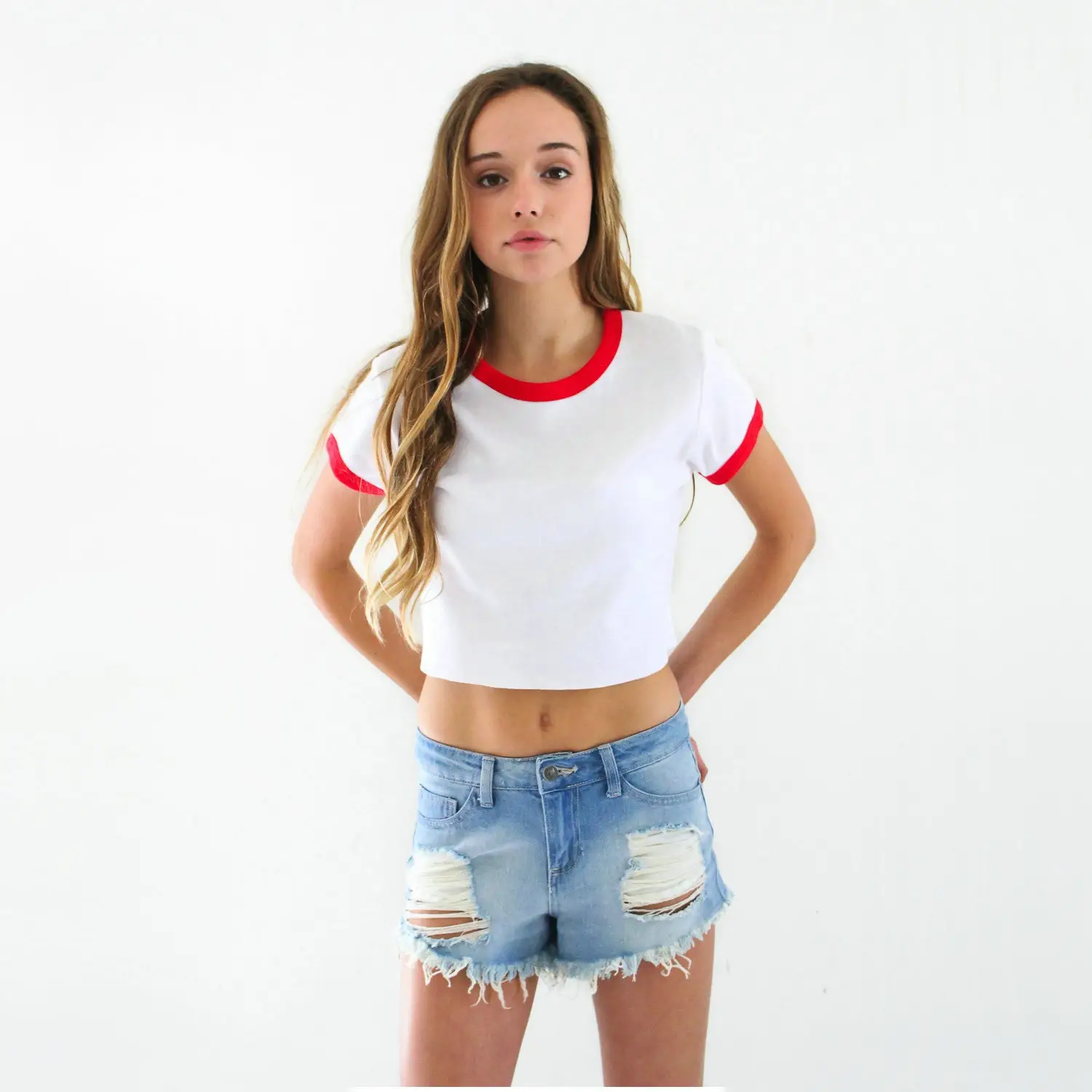Women's White Navel-Baring T-Shirt with Red Trim