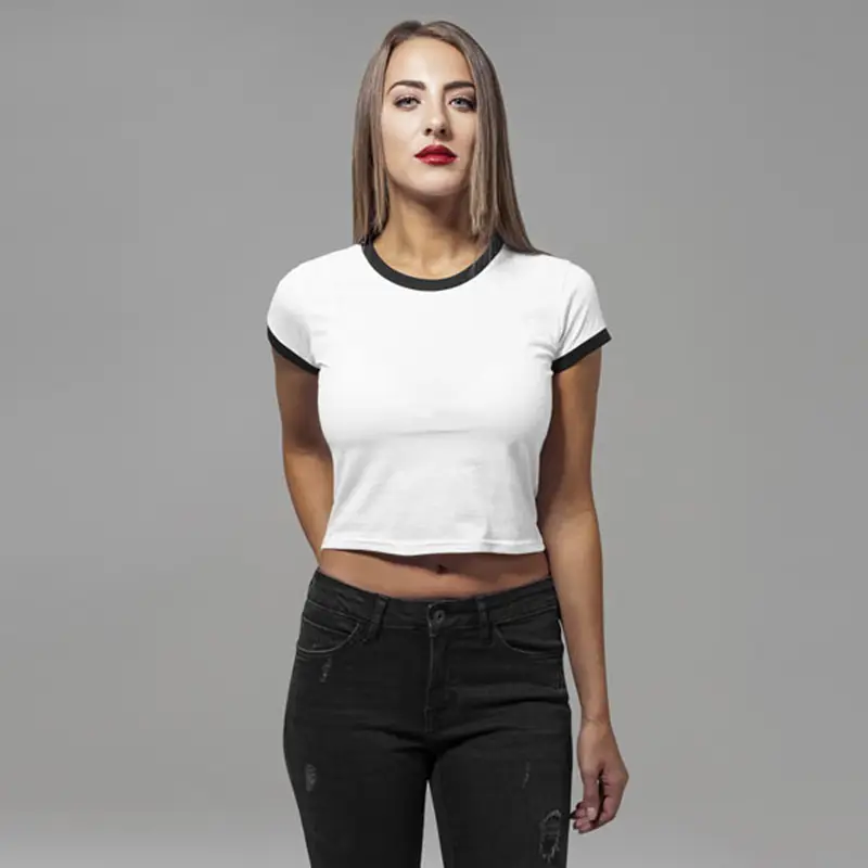 Women's White Navel-Baring T-Shirt with Red Trim