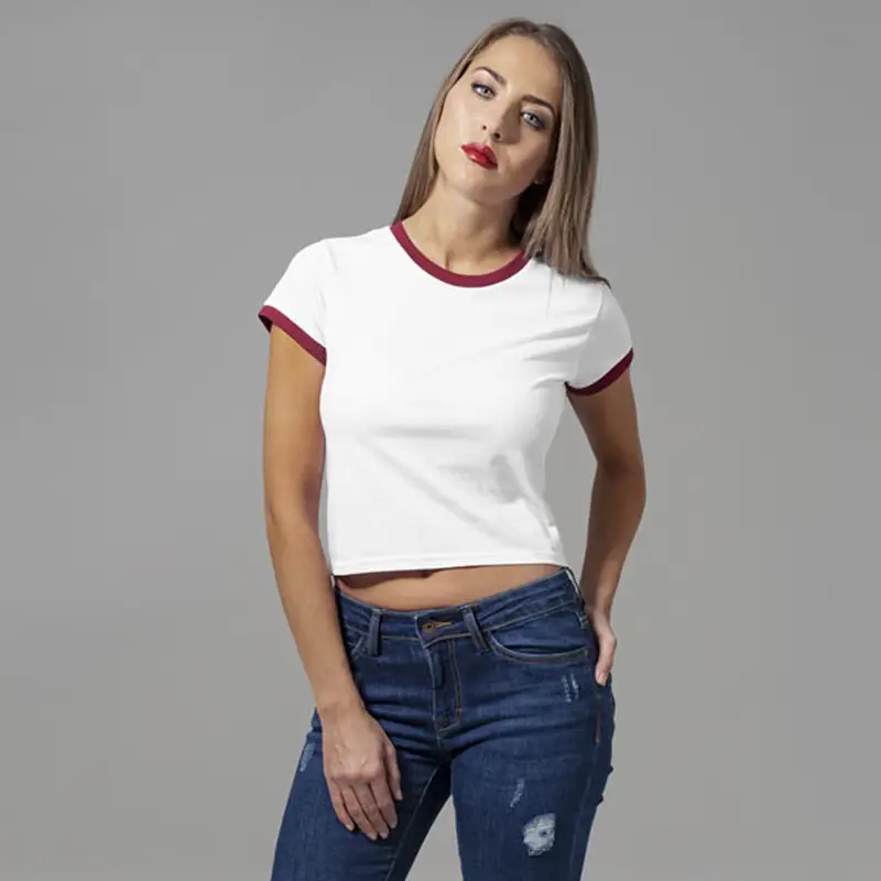 Women's White Navel-Baring T-Shirt with Red Trim