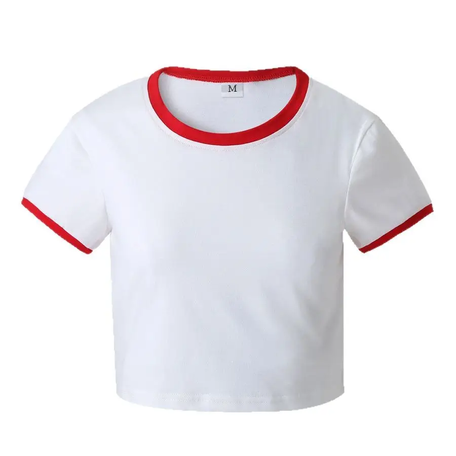 Women's White Navel-Baring T-Shirt with Red Trim