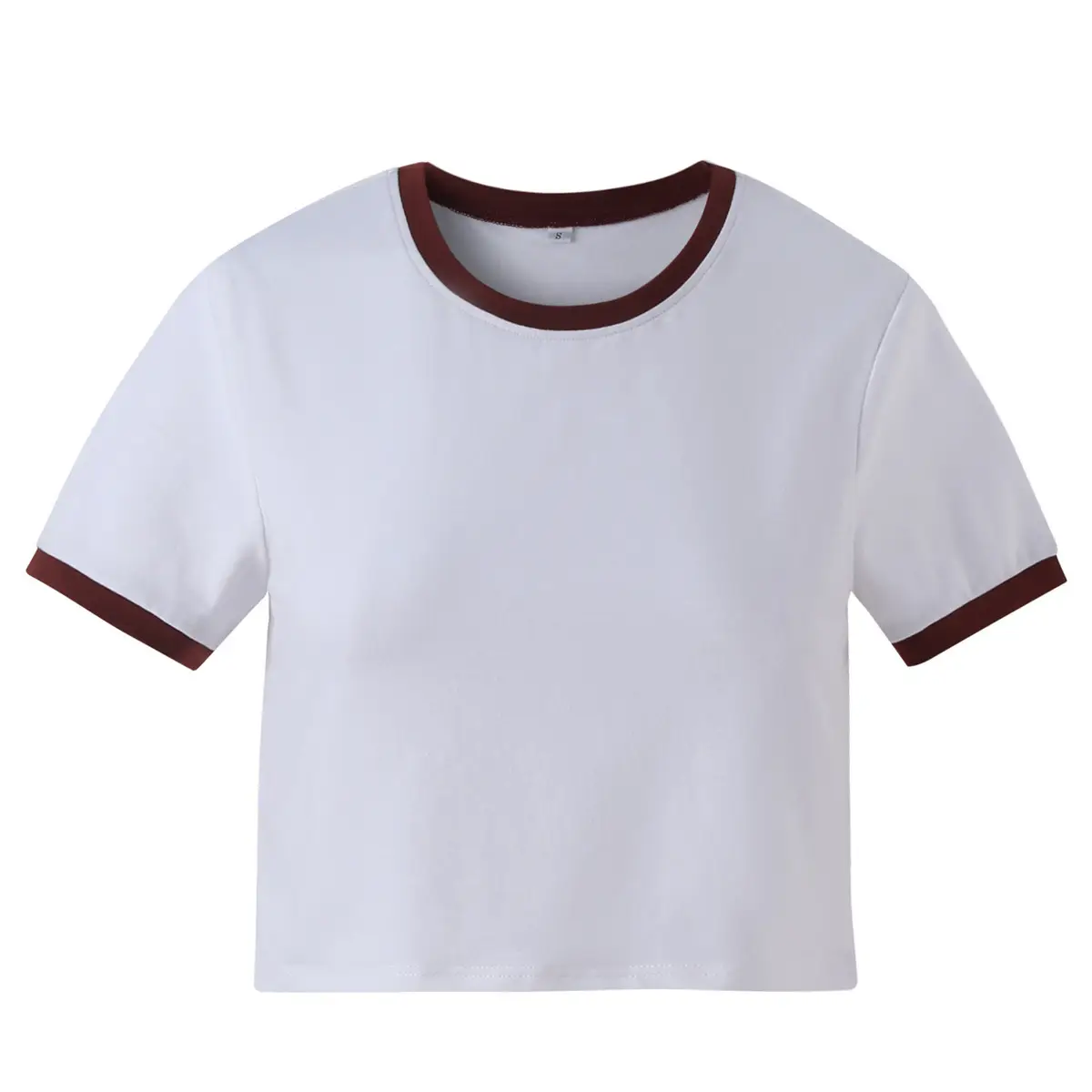 Women's White Navel-Baring T-Shirt with Red Trim