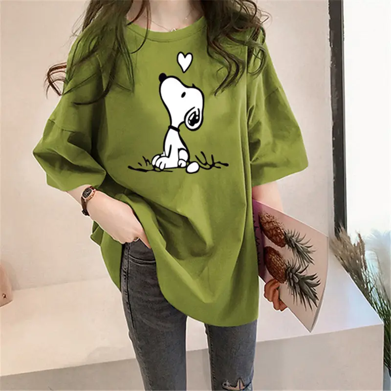 180g Snoopy Printed Green T-Shirt for Women - Image 2