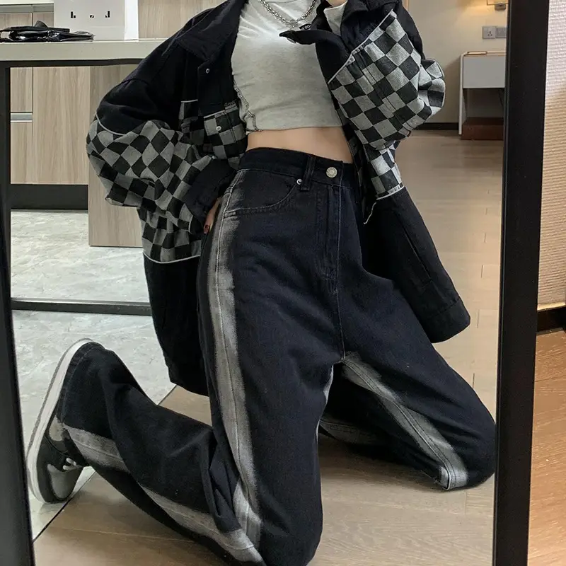 Women's Black Grey Stripe Wide Leg Straight Pants - Image 2