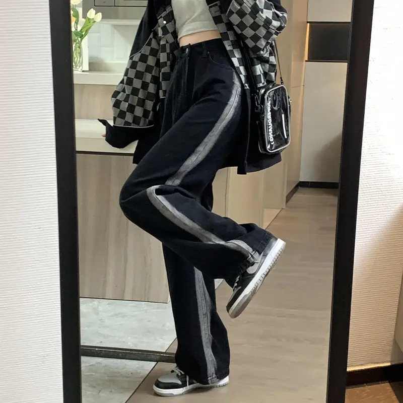 Women's Black Grey Stripe Wide Leg Straight Pants - Image 3