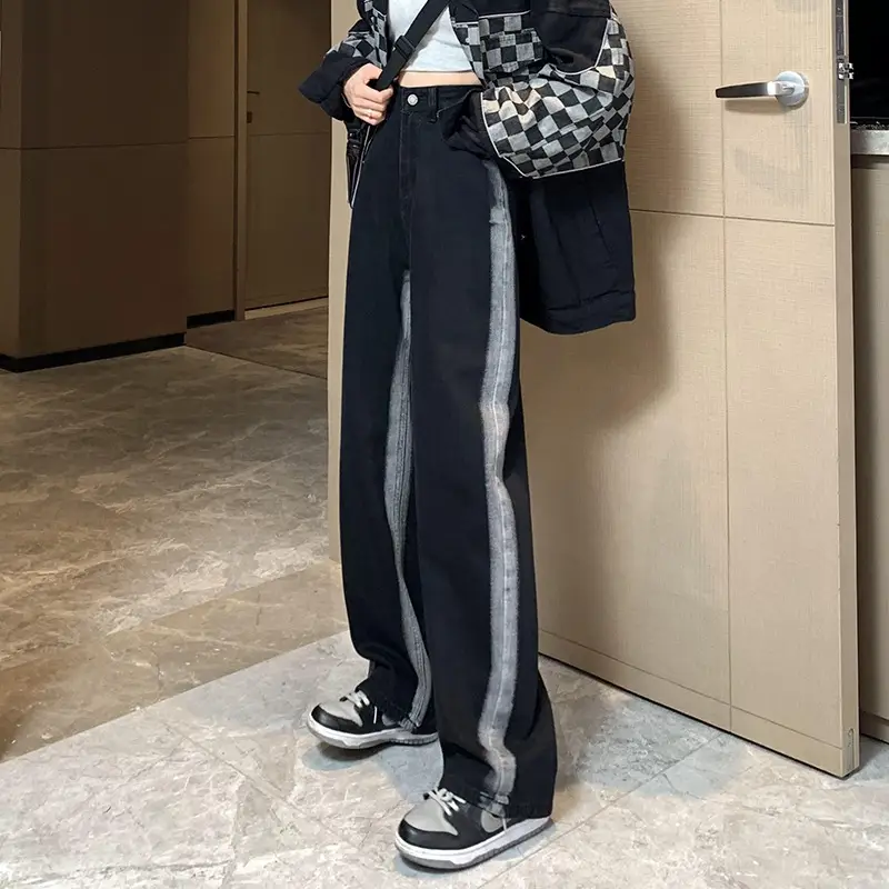 Women's Black Grey Stripe Wide Leg Straight Pants - Image 4
