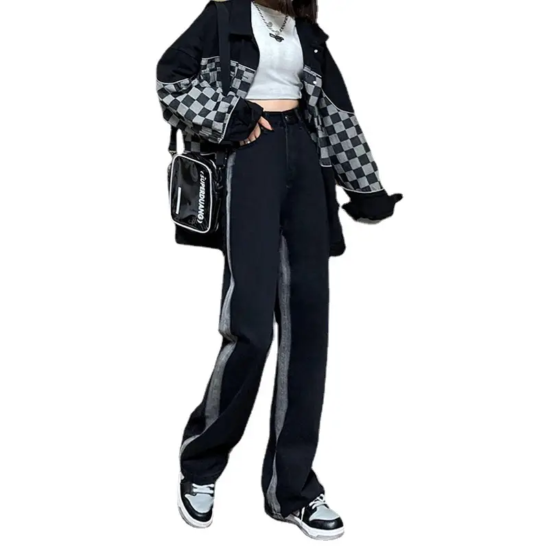 Women's Black Grey Stripe Wide Leg Straight Pants - Image 5