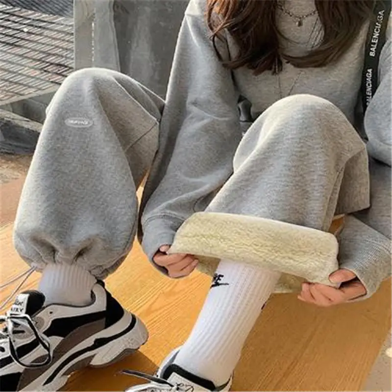 Women Fleece Lined Grey Sports Pants Wide Leg Loose Fit — feature 14