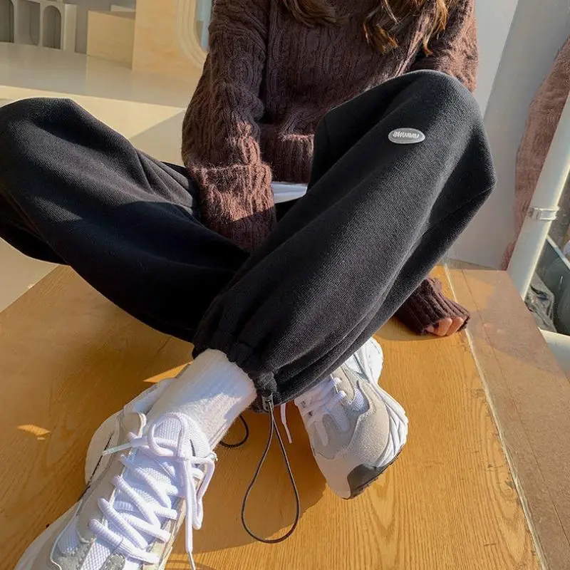 Women Fleece Lined Grey Sports Pants Wide Leg Loose Fit - Image 2