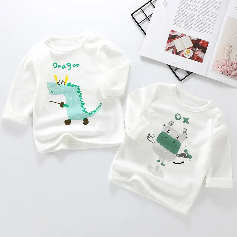 White Long-Sleeve T-Shirt with Cute Dog Print