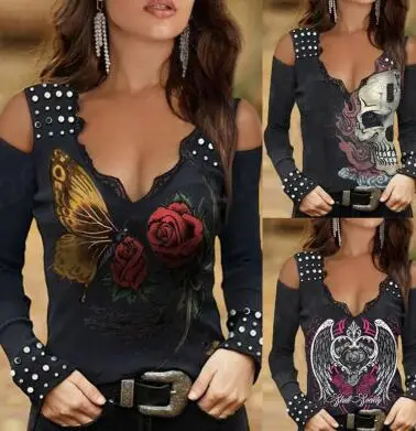 2023 Women's Skull Printed Long Sleeve V-Neck T-Shirt - Image 8