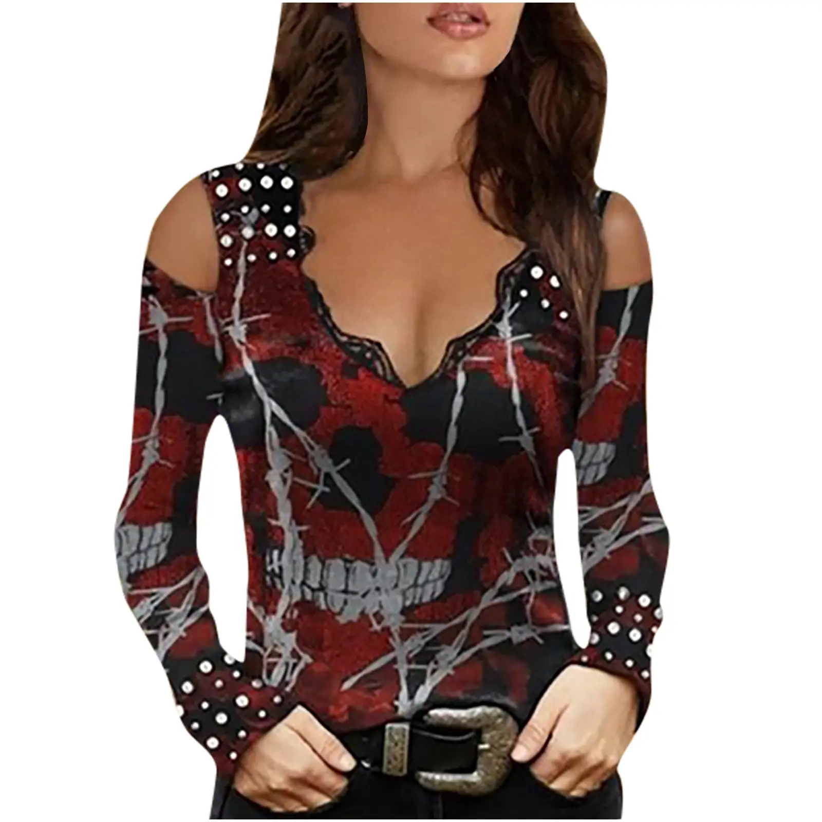 2023 Women's Skull Printed Long Sleeve V-Neck T-Shirt - Image 2