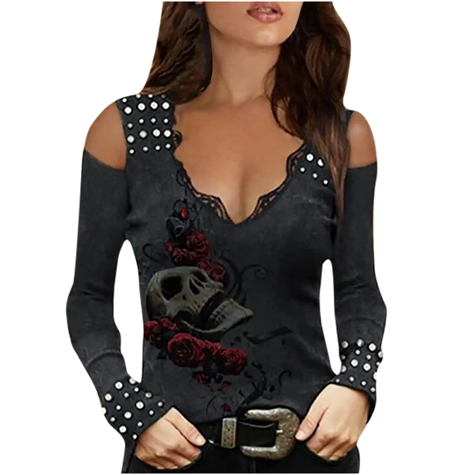 2023 Women's Skull Printed Long Sleeve V-Neck T-Shirt - Image 3