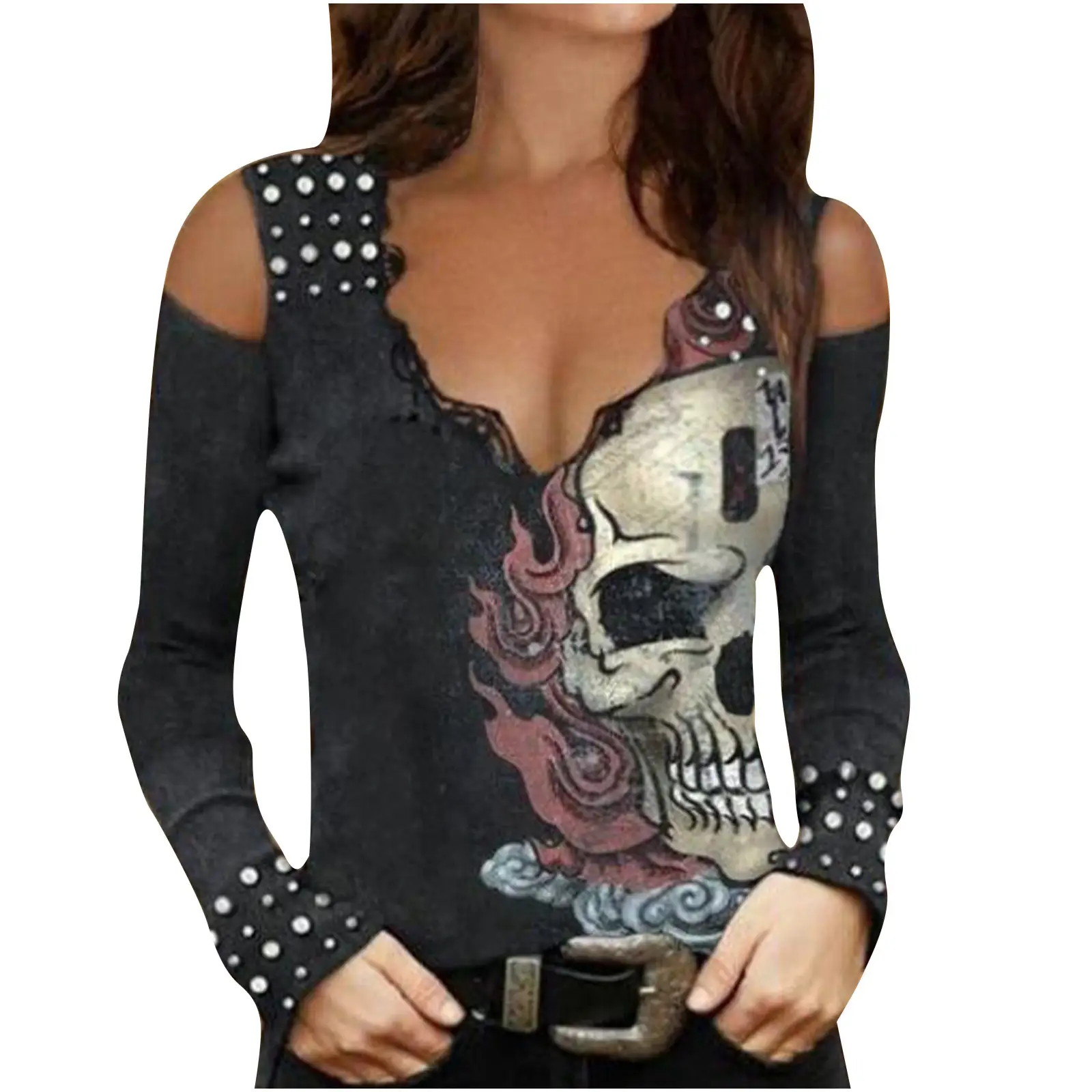 2023 Women's Skull Printed Long Sleeve V-Neck T-Shirt - Image 4