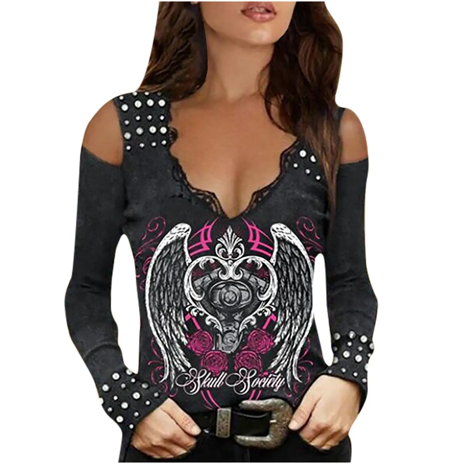 2023 Women's Skull Printed Long Sleeve V-Neck T-Shirt - Image 5