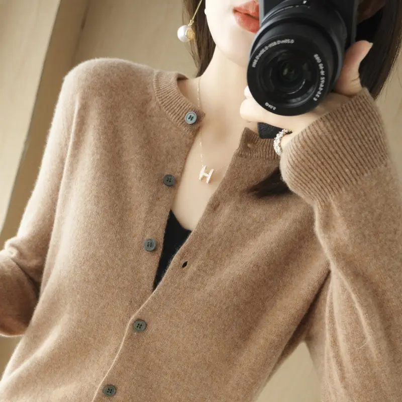 Women's Blue Knitted Cardigan Long Sleeve Round Neck