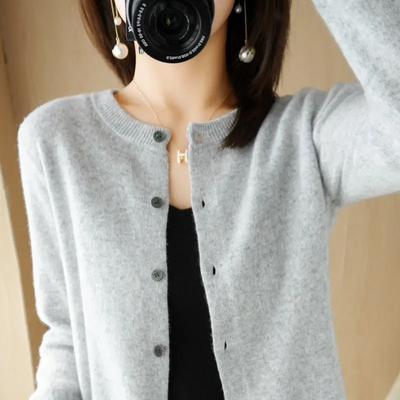 Women's Blue Knitted Cardigan Long Sleeve Round Neck